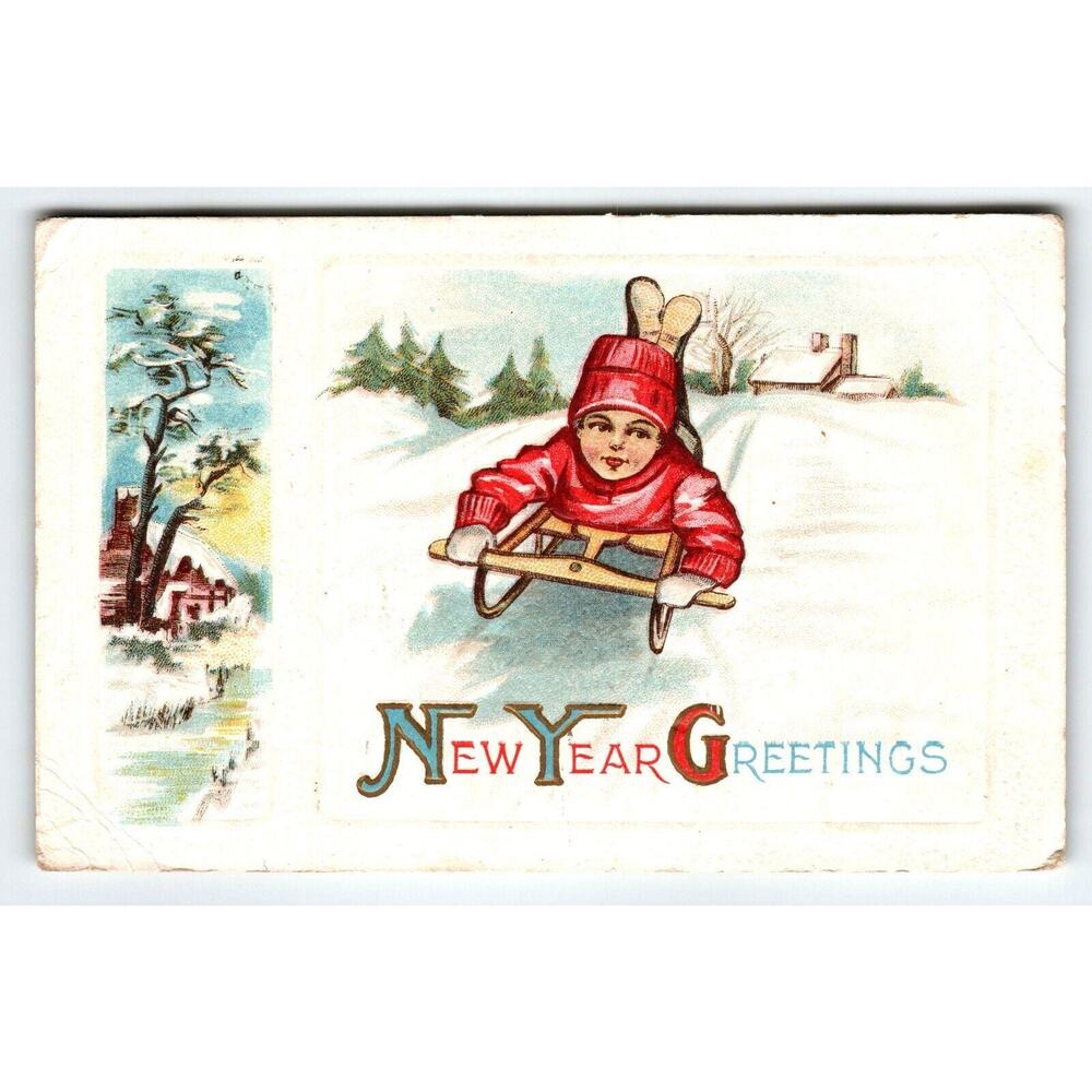 New Year Postcard 1910's Vintage Boy On Downhill Snow Sled Antique 1916 Greeting